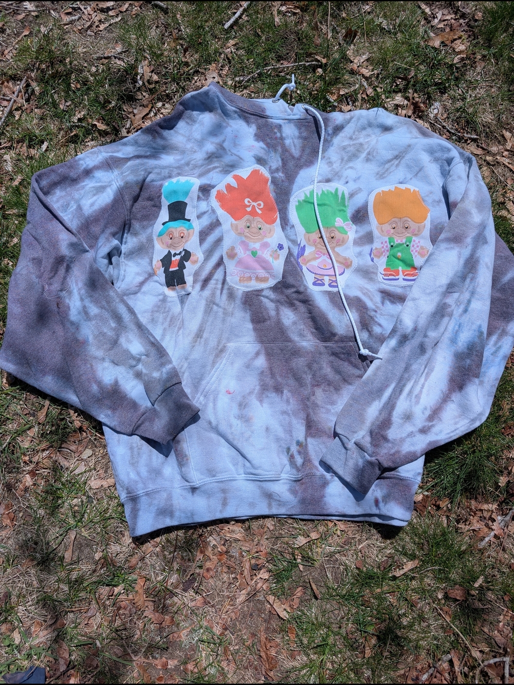 Tie-Dye Vintage Troll Applique Hoodie - Gray / Multi